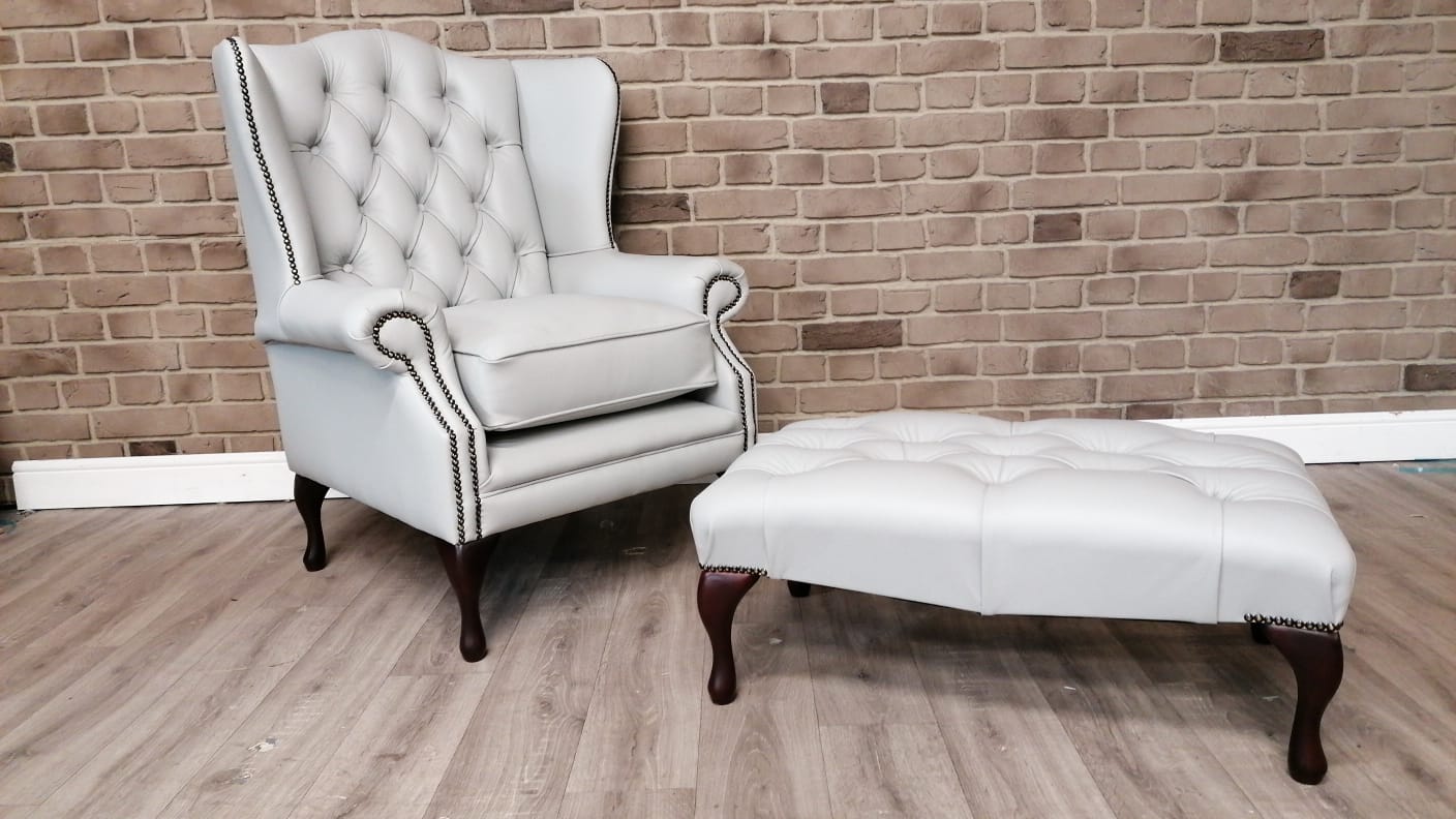 Highclere High Back Wing Chair and Stool Florence Silver Grey